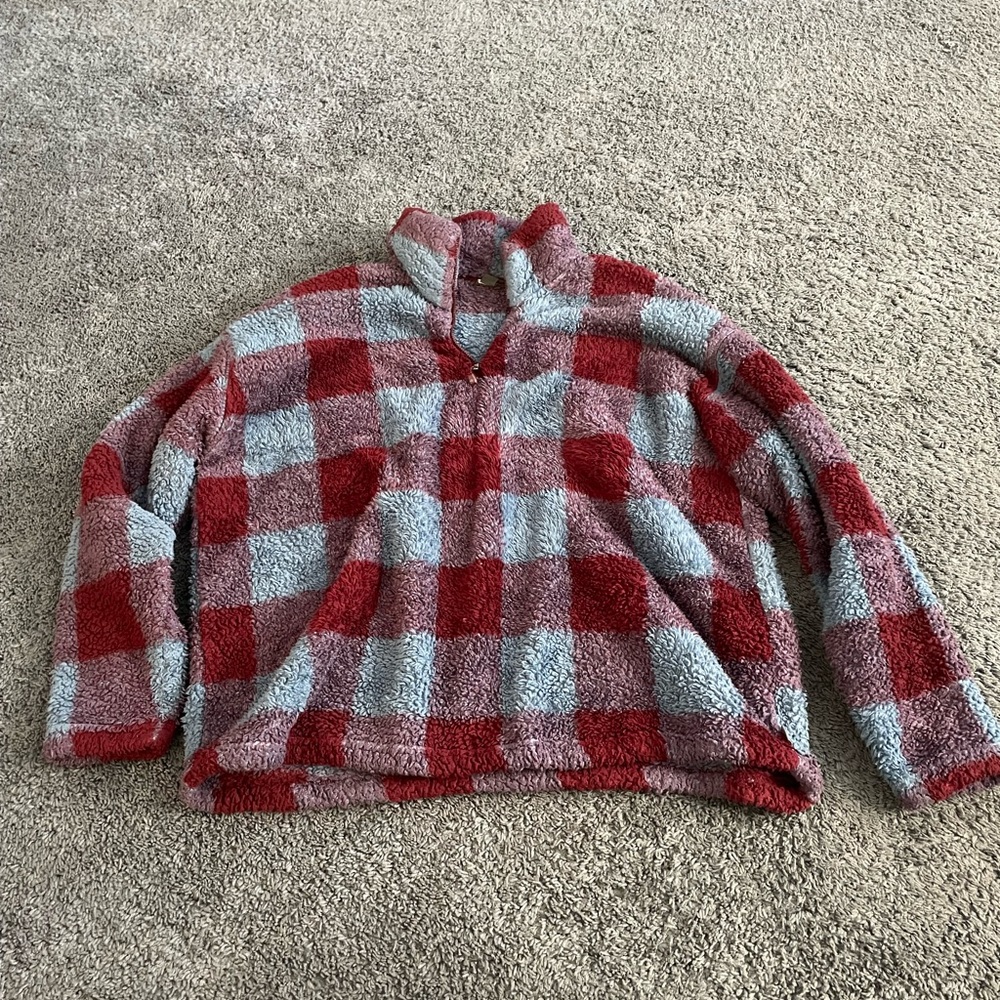 Purple and blue plaid Sherpa sweater